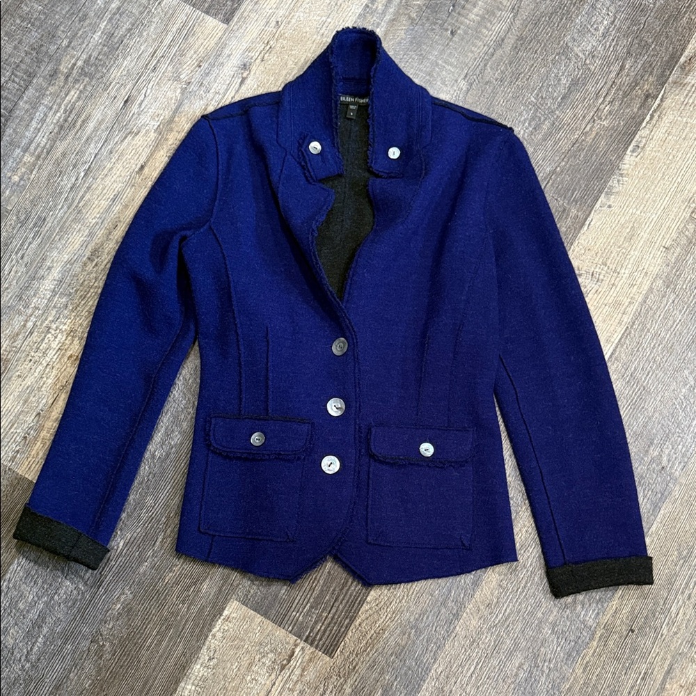 Eileen Fisher Deep Royal Blue Button-Front Wool Blazer